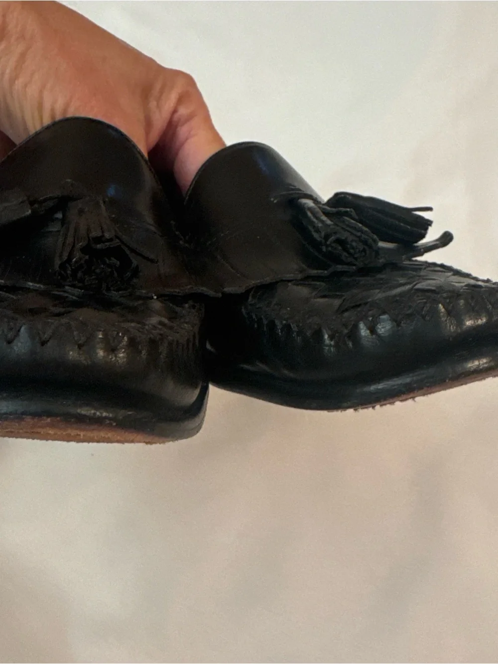 Cole Haan Black Leather Tassel Woven Penny Loafers